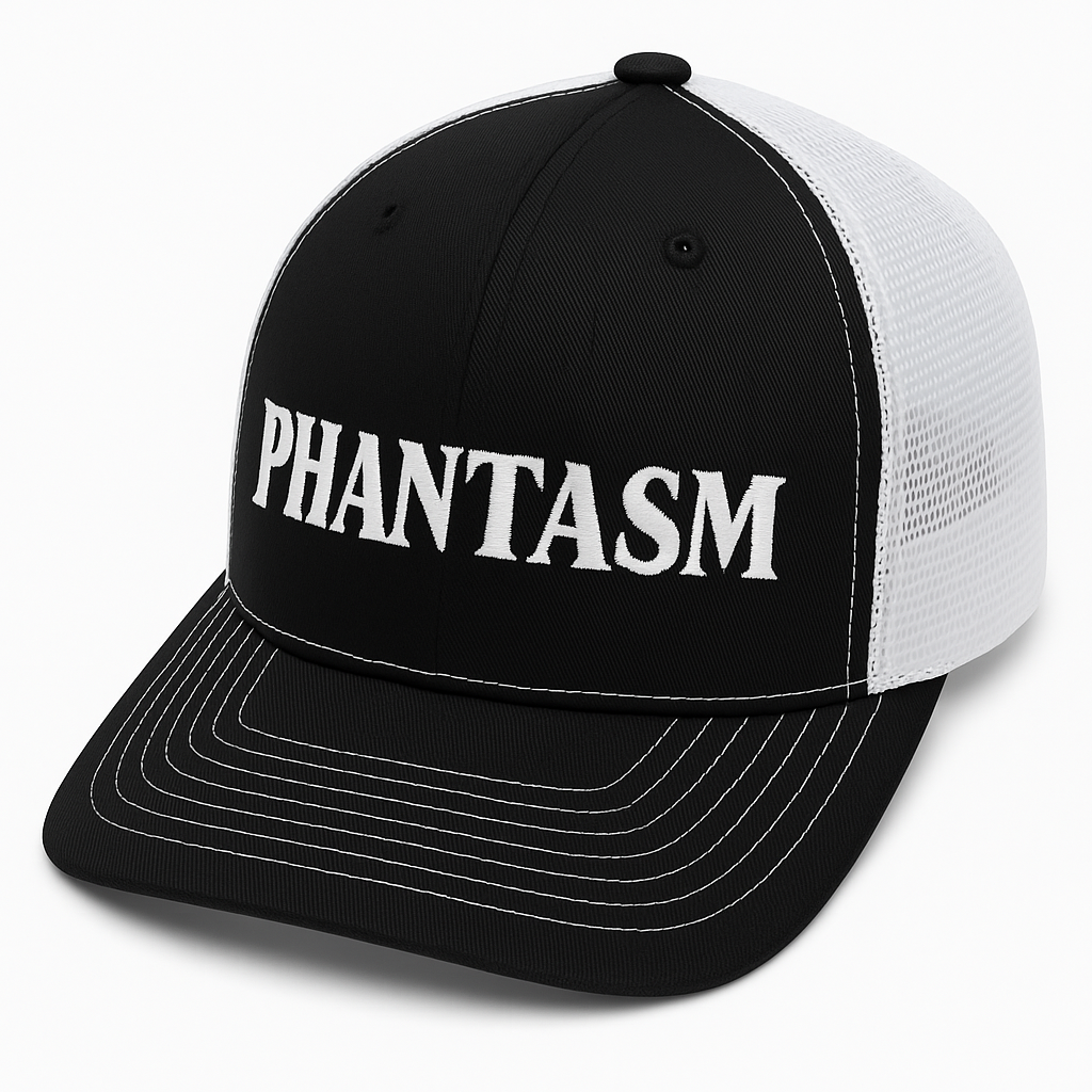 Black and white cap with 'PHANTASM' text on a white background