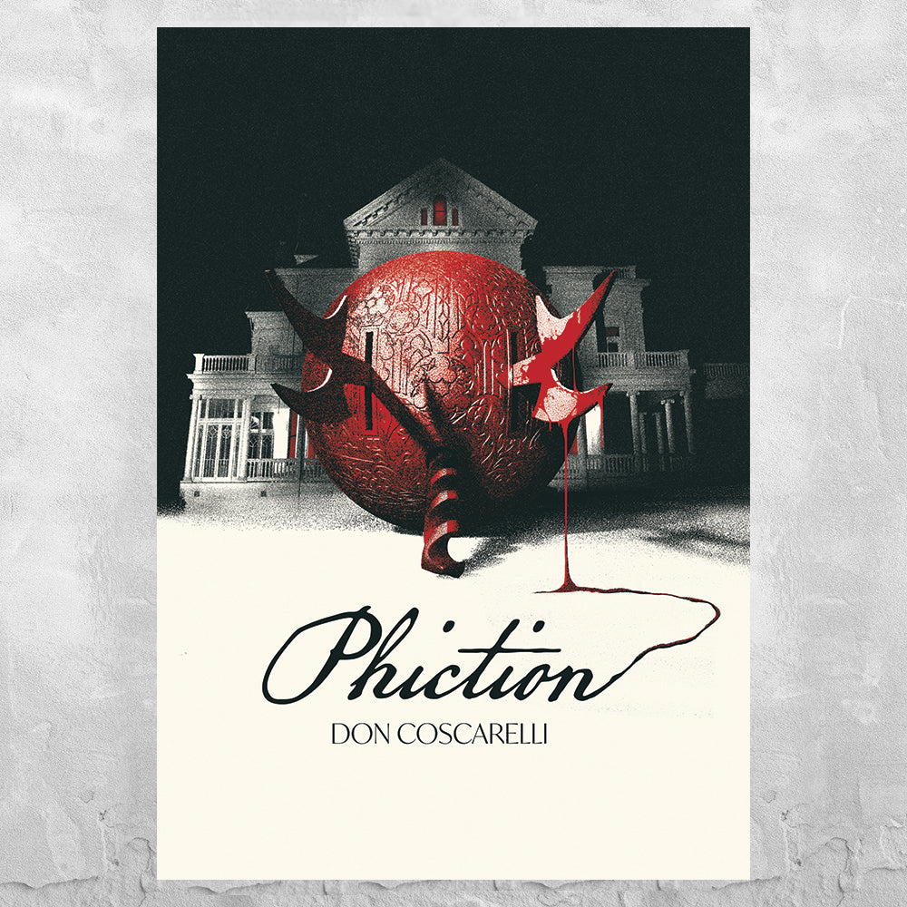 Book cover of 'Phiction' by Don Coscarelli with a large red sphere and house in the background.