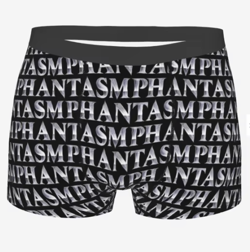 Black boxer briefs with 'PHANTASM' text pattern on a white background