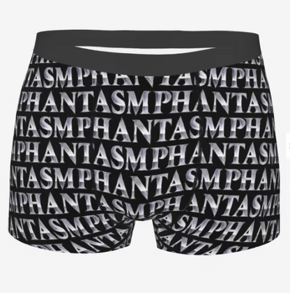 Black boxer briefs with 'PHANTASM' text pattern on a white background