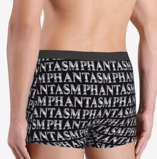 Black boxer briefs with 'PHANTASM' logo on a white background
