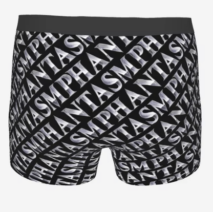 Black and white patterned boxer briefs with PHANTASM branding on a white background