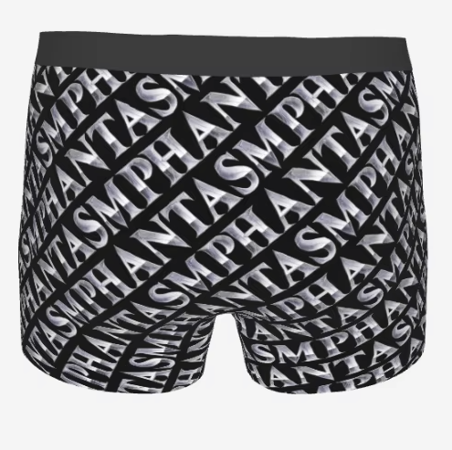 Black and white patterned boxer briefs with PHANTASM branding on a white background